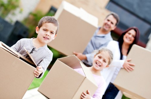 Packed household boxes ready for mobile self storage in Putney
